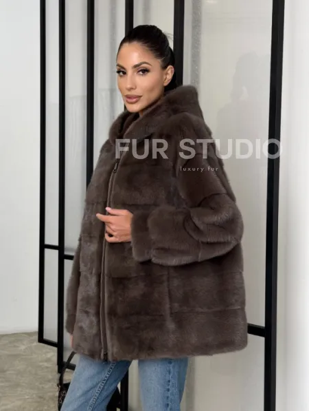 Норковый полушубок с капюшоном на молнии - фото 7