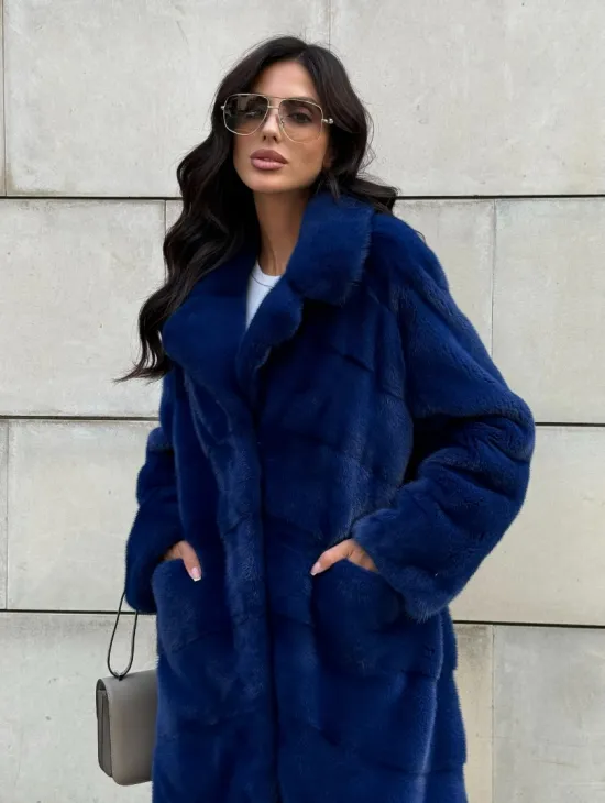 Синяя шуба из аукционного меха норки - английский воротник - фото 4