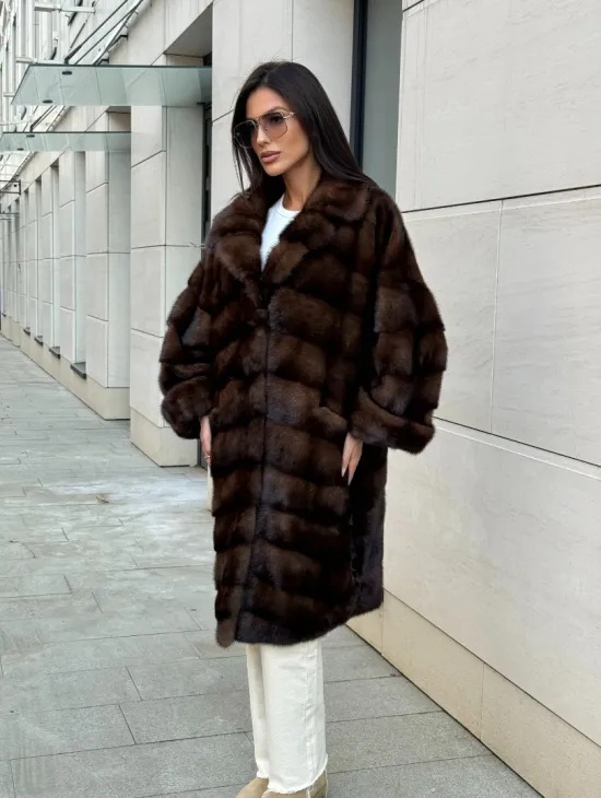 Шуба из меха соболиной норки английский воротник - цвет соболь - фото 6