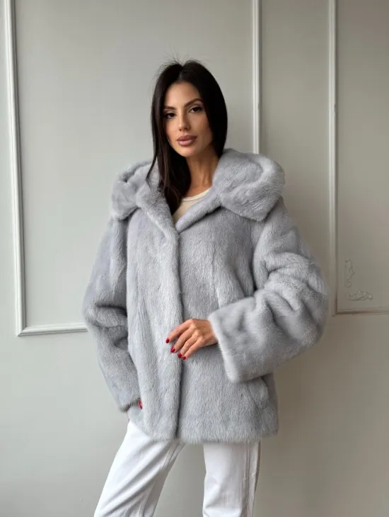 Женский норковый полушубок автоледи с капюшоном из голубой норки - фото 10