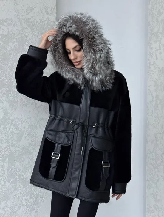 Дубленка женская из овчины на кулиске, капюшон - отделка из чернобурки - фото 8