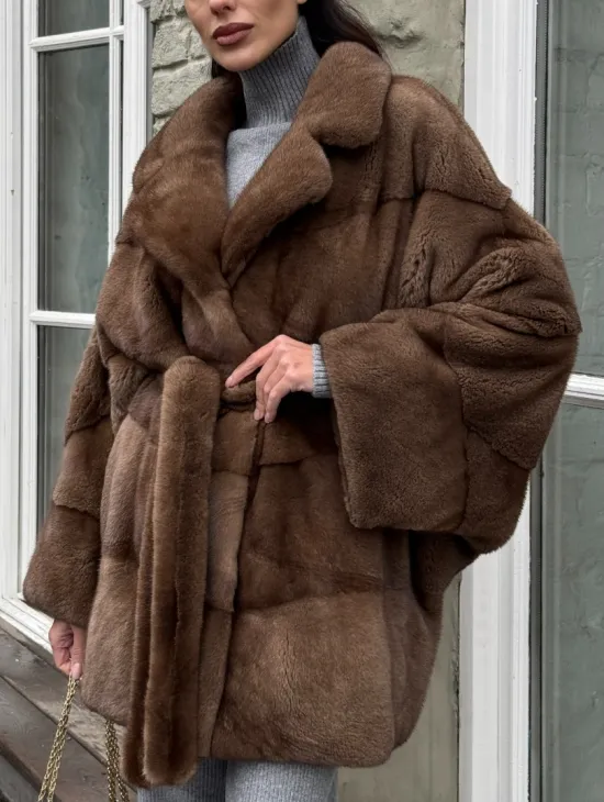 Premium мех, шуба летучая мышь из аукционной норки в натуральном цвете пастель - фото 1