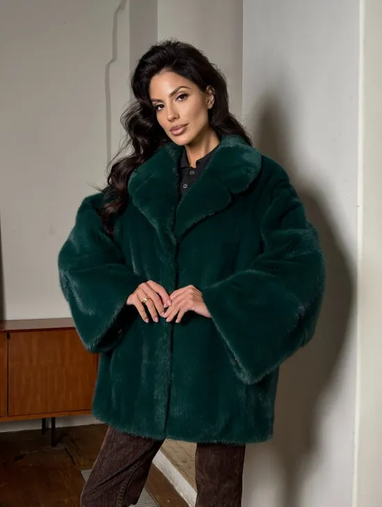 Изумрудная укороченная норковая шуба с английским воротником - фото 6