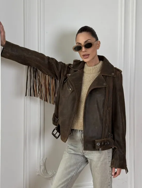 Коричневая кожаная куртка - косуха с бахромой. Мотоциклетная куртка, демисезон - фото 9