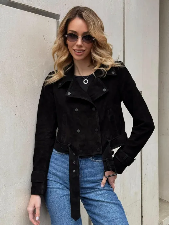 Черная короткая курточка из натуральной замши - фото 9