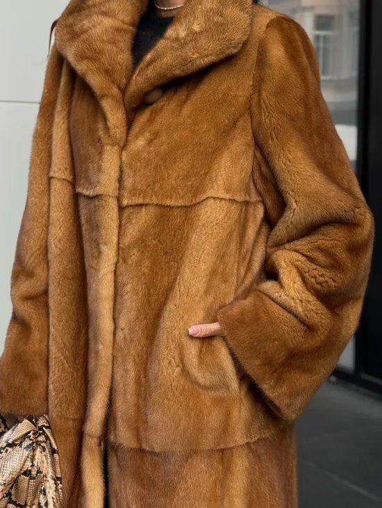 Золотистая норковая шуба с воротником апаш - New 2026 - фото 1