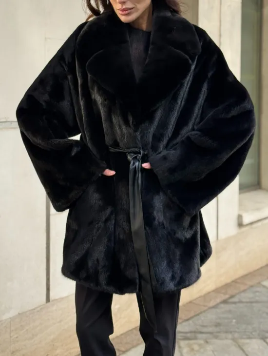 Полушубок из норки с английским воротником - черный - фото 1