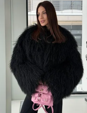 Полушубок черный из ламы - фото 0