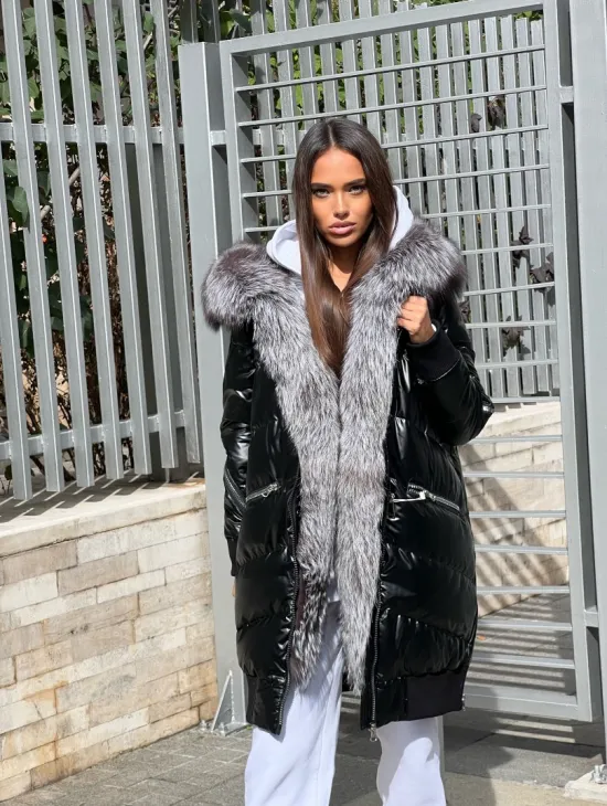 Пуховое пальто с меховым капюшоном из чернобурой лисы - фото 4