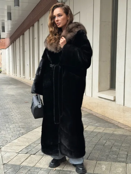 Длинная норковая шуба - кимоно с капюшоном куница - фото 5