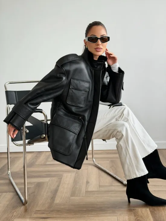 Черная куртка - дубленка из испанского мериноса - фото 10