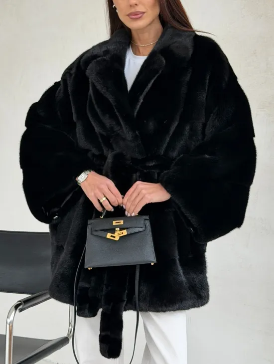 Черная норковая шуба - летучая мышь - фото 1