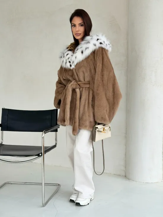 Шуба норковая пастель в роспуск с капюшоном под рысь - фото 7