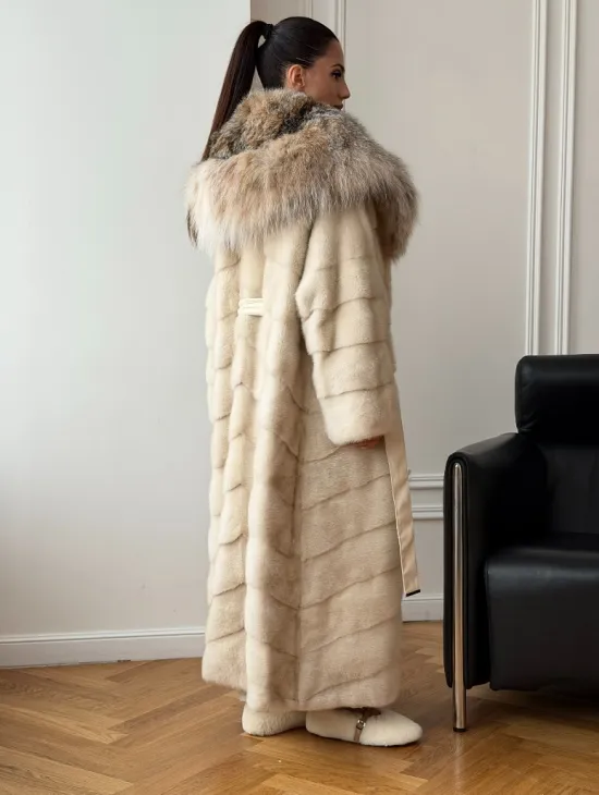 Длинная норковая шуба - капюшон из меха рыси - фото 6