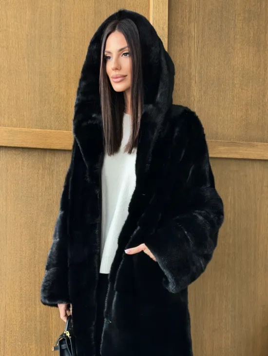 Черная норковая шуба с капюшоном - фото 9