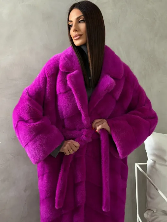 Длинная норковая шуба - цвет фуксия - фото 4