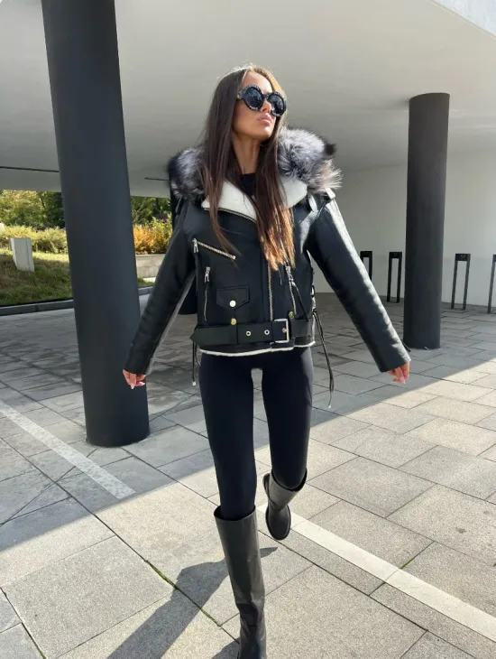 Авиатор из натуральной кожи с воротником из чернобурой лисы - фото 8