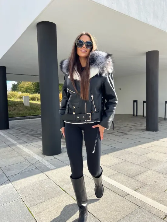 Авиатор из натуральной кожи с воротником из чернобурой лисы - фото 5