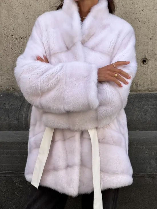 Короткая норковая шуба - цвет жемчуг - фото 4