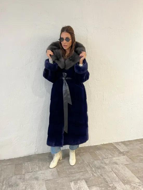 Шуба из меха норки с капюшоном куница - цвет электрик - фото 7