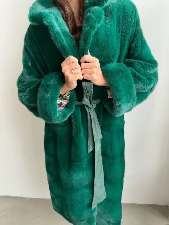 Норковая шуба с английским воротником - цвет изумруд - фото 1