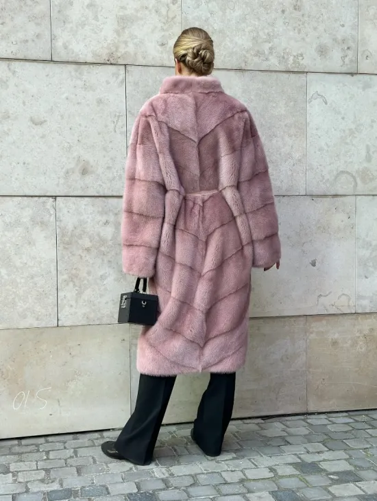 Шуба норковая с поясом - цвет розовый фламинго - фото 5