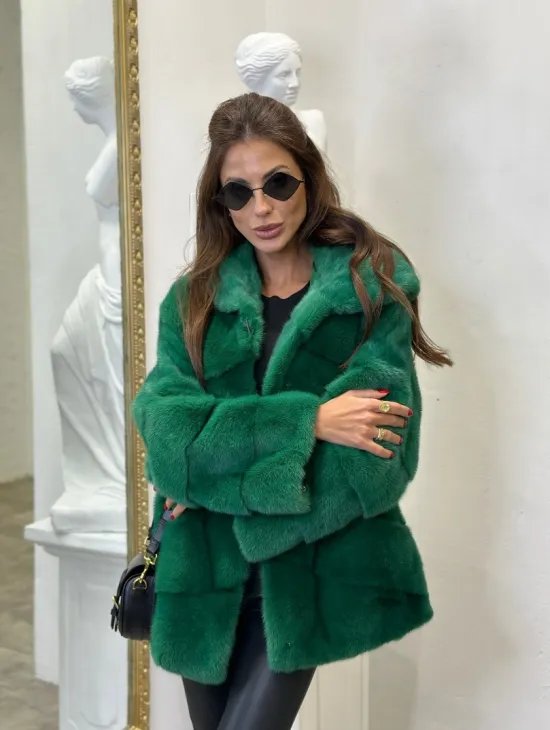Норковый полушубок с капюшоном - цвет изумруд - фото 6