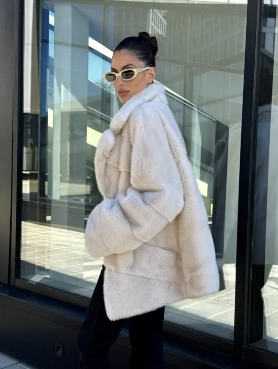 Короткая норковая шуба с английским воротником - цвет ваниль - фото 11