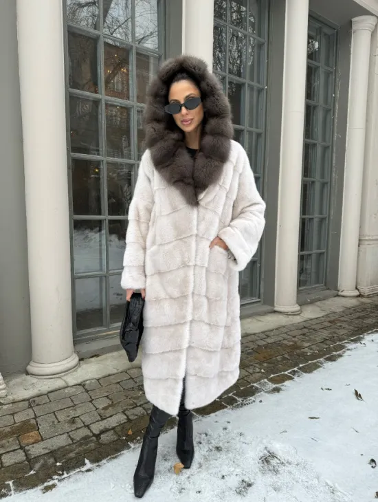 Норковое кимоно с капюшоном из меха куницы - цвет жемчуг - фото 8