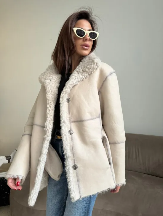 Дубленка двусторонняя из натурального меха тиградо - стойка воротник - фото 0