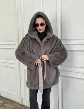 Шуба норковая с капюшоном роспуск - цвет графит - фото 7