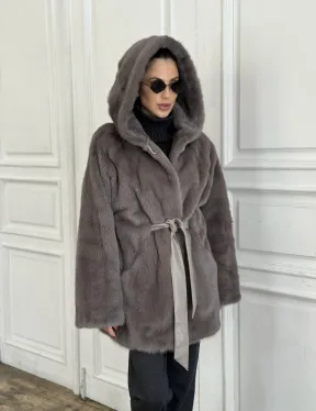Шуба норковая с капюшоном роспуск - цвет графит - фото 3