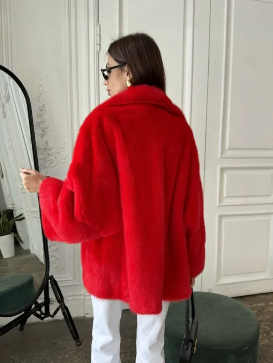 Красный норковый полушубок английский воротник роспуск - фото 1