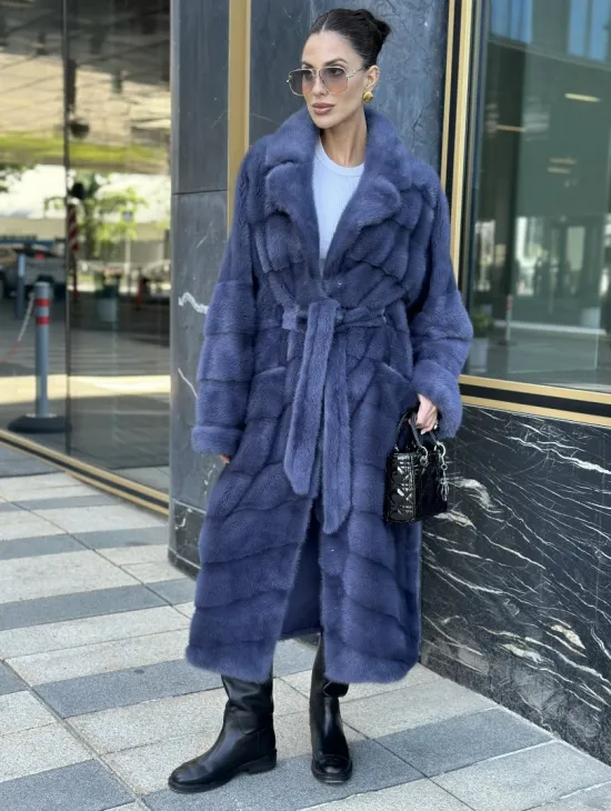 Норковая шуба с английским воротником - цвет джинс - фото 4